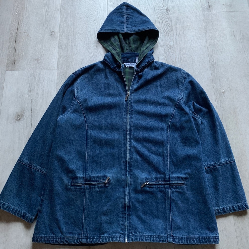 NorthStyle Vintage 90s Flannel Lined Hooded‎ Denim Jacket Chore Coat Sz XL